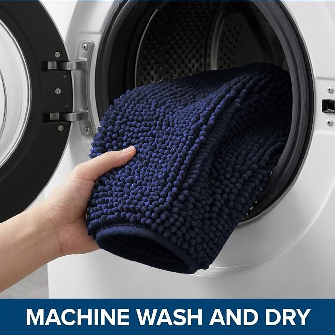 Bathroom Rugs Sets 2 Piece,Super Absorbent Chenille Bath Mats and U-Shaped Toilet Rug,Strong PVC Non Slip Backing,Microfiber Washable Dry Quickly Bath Mats for Bathroom(20"x32"+20"x20"U,Navy Blue)