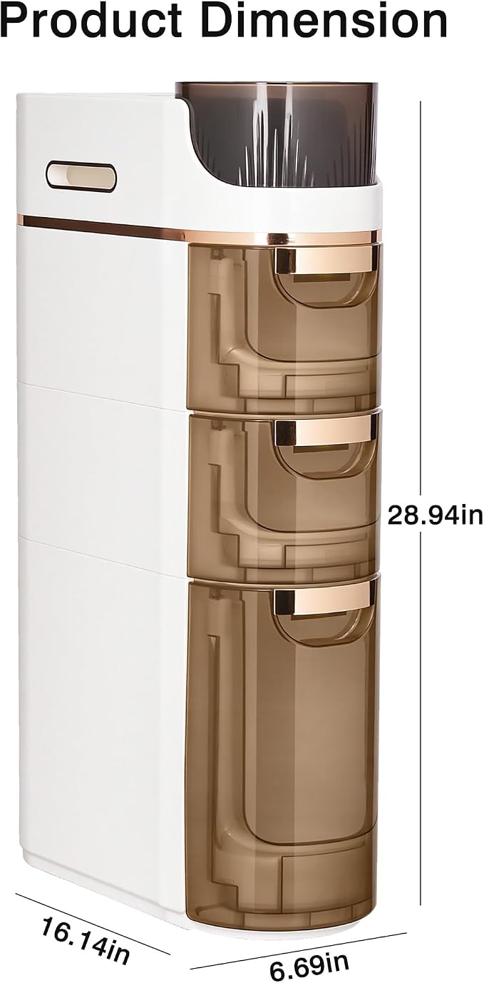VECELO 3-Tier Slim Bathroom Storage Cabinet with Wheels, Skinny Bathroom Storage Cabinet with Drawers, Toilet Paper Holder, Movable Narrow Floor Cabinet for Small Space, Bathroom