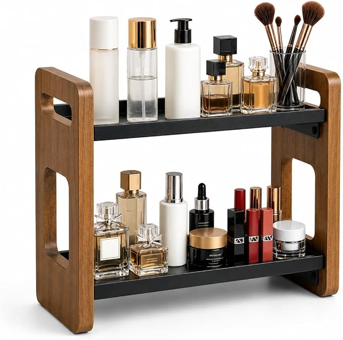2-Tier Acacia Wood Bathroom Countertop Organizer and Storage, Vanity Bathroom Sink Organizer Shelf for Skin Care Makeup Cologne and Perfume, Small Dresser Counter Organizer-Brown