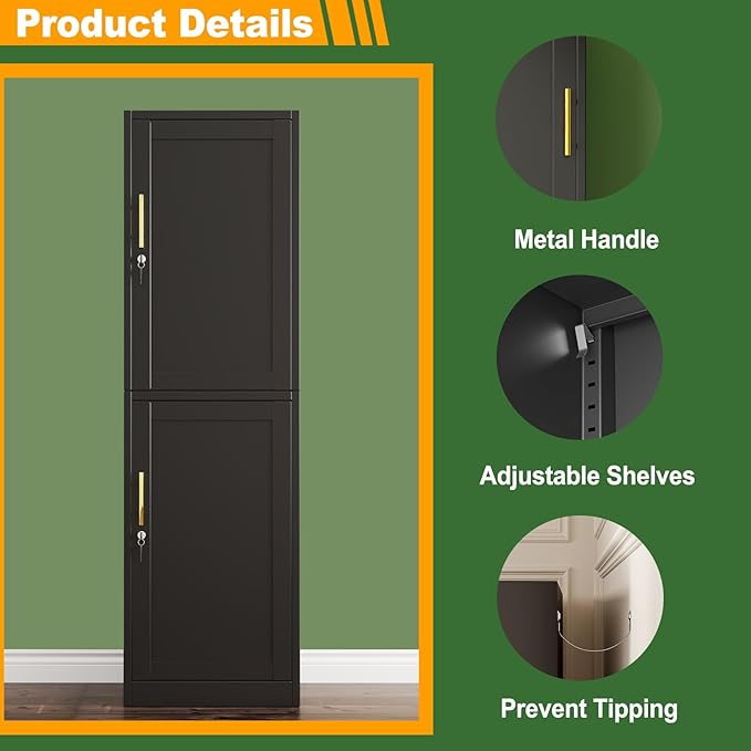 Ckzbx Metal Locker Tall Narrow Storage Cabinet, 67" H Locking Tool File Cabinets Snack Locker Organizer for School Classroom,Bedroom,Gym Home Office,Entryway and Hallway (20" W 2Door Black)