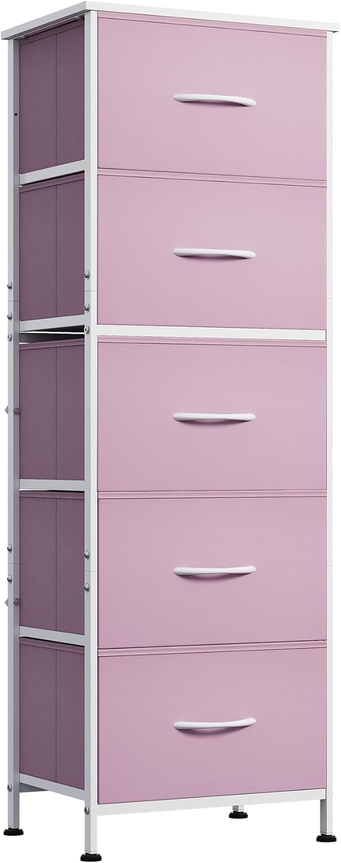 WLIVE Fabric Dresser for Bedroom, 5-Drawer Tall Dressers, Storage Organizer with Fabric Bins, Wood Top, Sturdy Steel Frame, Chest of Drawers for Closet, Hallway, Cloudy Pink