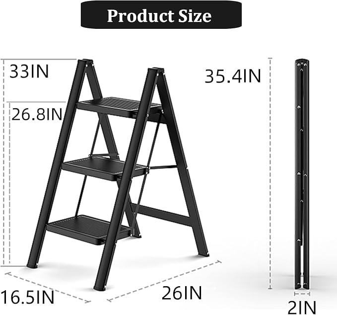 3 Step Ladder,Folding Step Stool with Wide Anti-Slip Pedal,330lbs Load Capacity,Lightweight and Portable for Kitchen Space Saving