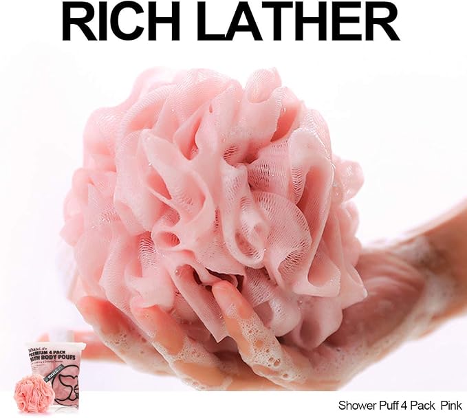 Loofah Sponge Bath Sponge for Women Men 4 Pack (Pink)