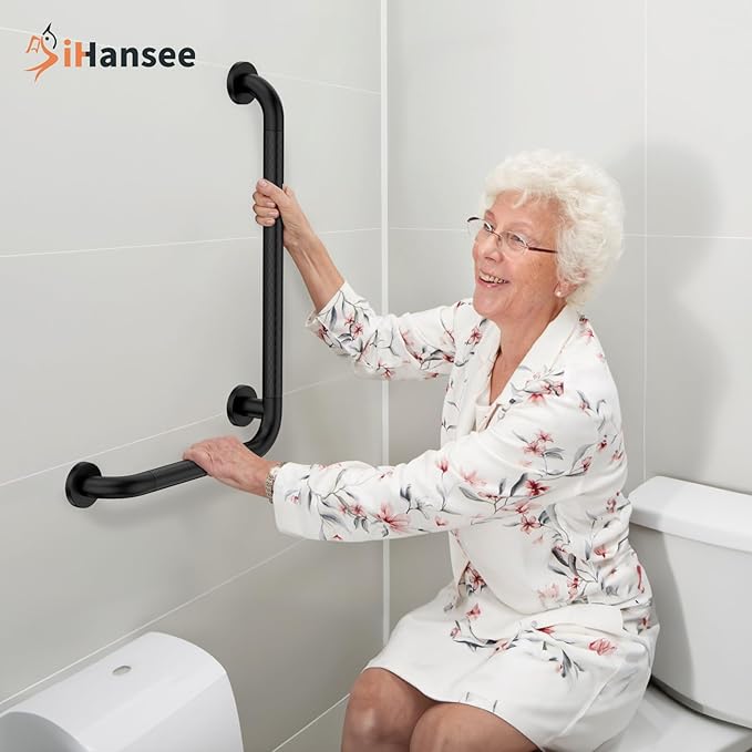 Matte Black Angled Grab Bar 16x24 Inch, iHansee Bathroom Safety Bar w/Anti-Slip Knurled Grip, Wall Mount L Shaped Shower Handle for Elderly Senior Handicap, Toilet Bathtub Balance Support Handrail