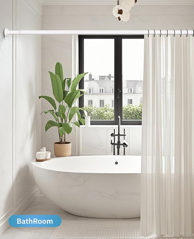 White Shower Curtain Rod 34-82 Inches(2.8-6.8ft) Adjustable Shower Rod No Drilling Non-slip Never Rust Shower Tension Rod for Bathroom Bedroom Windows Outdoor Garden