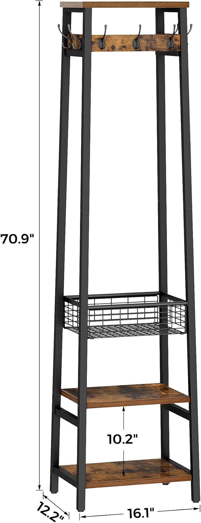 Coat Rack Freestanding, Coat Stand with Metal Basket and Storage Shelves, Hall Tree Free Standing with and 7 Hooks, Clothes Rack Stand Organizer, Rustic Brown and Black