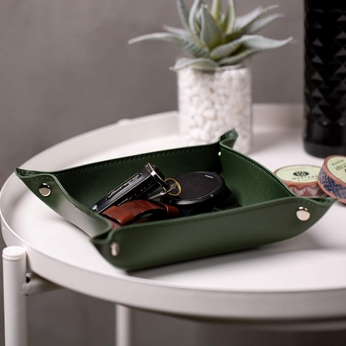 Leather Jewelry Valet Tray for Women and Man, Entryway Table Bedside Nightstand Desk Portable Small Catchall Travel Dish Plate for Key,Wallet,Watch,Phone,Coin(Dark Green-B)