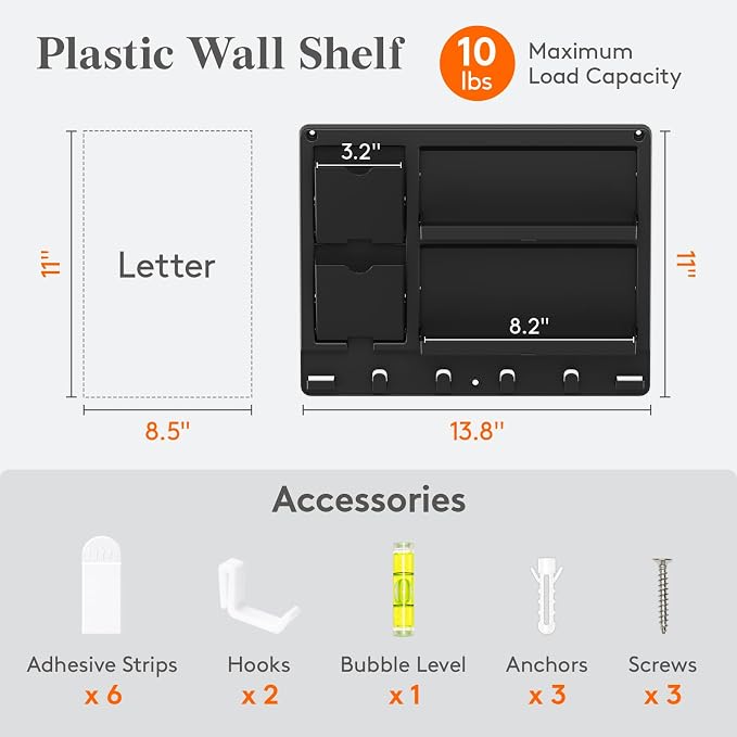 Lifewit Plastic Bedside Floating Shelf, Adhesive Wall Shelves Organizer for Glasses, Phone, Earbuds, Charging Cords, TV Remote Storage, Bedroom Decor, Dorm Room Essentials, Black