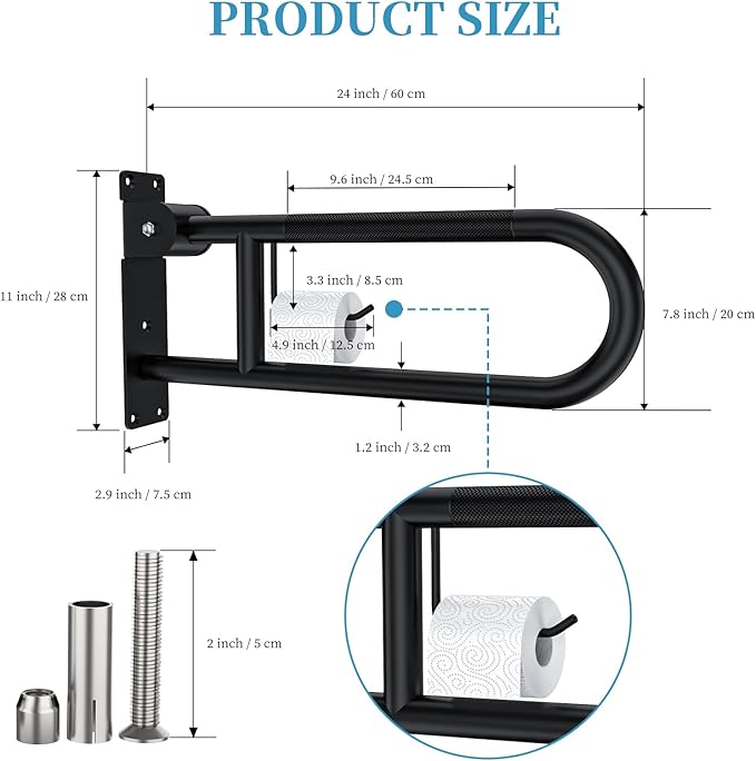 Toilet Grab Bar 24 Inch Black, Munzong Anti-Slip Handicap Grab Bars with Paper Holder, Flip-Up Bathroom Safety Rails, Stainless Steel Knurled Support handrails for Seniors Elderly Disabled Pregnant