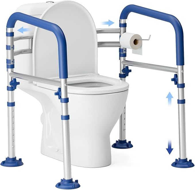 Loyoda Foldable Toilet Safety Rails for Seniors, Height & Width Adjustable | Safety Frame & Toilet Handles for Elderly & Disabled, Fits Most Toilets, 350lb Capacity, Blue