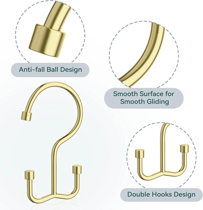 Goowin Shower Curtain Hooks, Shower Curtain Rings, Durable Gold Shower Curtain Hangers, Smooth Glide Double Hook Shower Curtain Hooks, Simple Shower Hooks for Shower Curtain, Gold, 12 Pack-Cylinders
