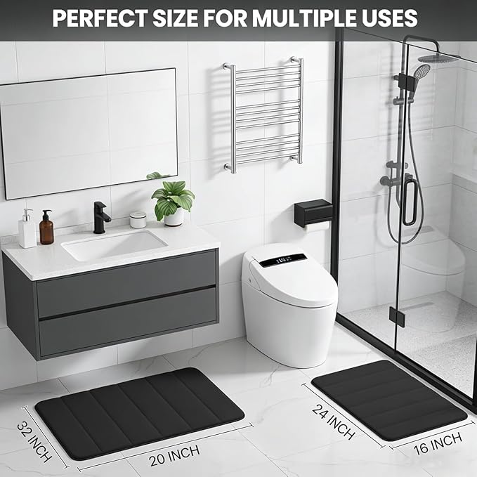 RUN HELIX Bathroom Rugs Set 2 Piece Memory Foam Bath Rugs Non-Slip Bath Mat,Washable Room Mats,Absorbent Shaggy Rug Super Soft Kitchen Mats, Batroom Carpets for Bathroom,Tub,Shower Home Decor（Black）