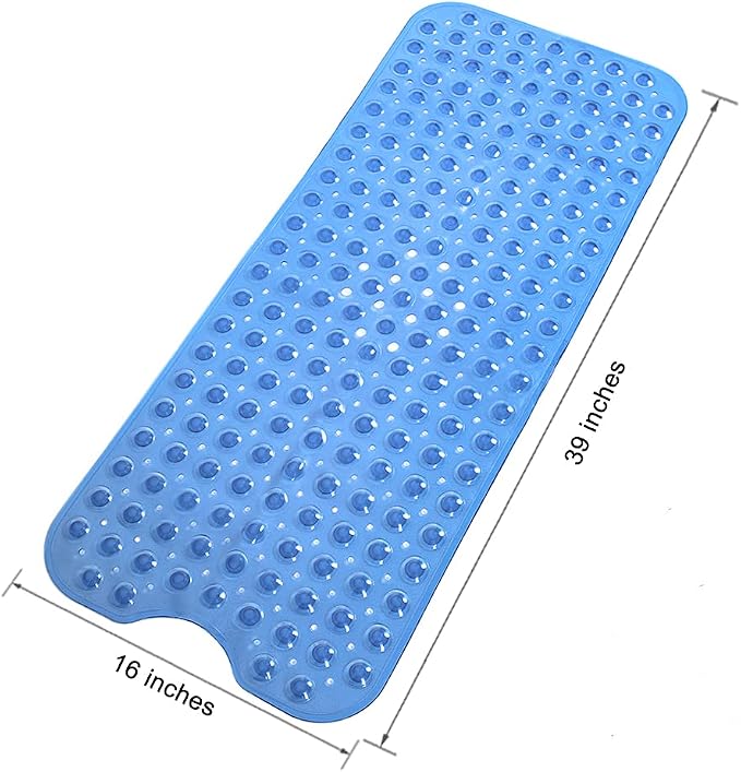 Anti Slip Extra Long Bathtub and Shower mat 39" x 16", Wet Floor Non-Slip for Elderly & Kids Bathroom, 30% Longer Bathtub Mats, 200 Suction Cups, Drain Holes, Machine Wash (Pure Blue)
