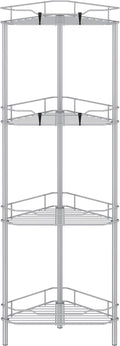 HuggieGems 4 Tier Floor Standing Corner Shower Caddy Organizer Shelf with Hooks, Bathroom Shelves Stand Rack, Silver