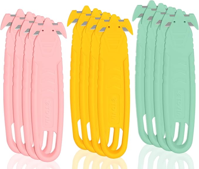 Safety Box Cutter, T TOVIA Package Opener SK2 Stainless Steel Concealed Blade with Tape Splitter for Cartons Cardboard Wrap Straps Film (12 Pack - Assorted Colors)