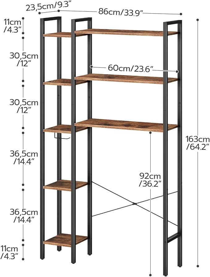 HOOBRO Over The Toilet Storage, 8-Tier Bathroom Organizer Over Toilet Shelf, Storage Rack Above Toilet Stand, Freestanding Space Saver, Toilet Paper Holder, Rustic Brown and Black BF86TS01
