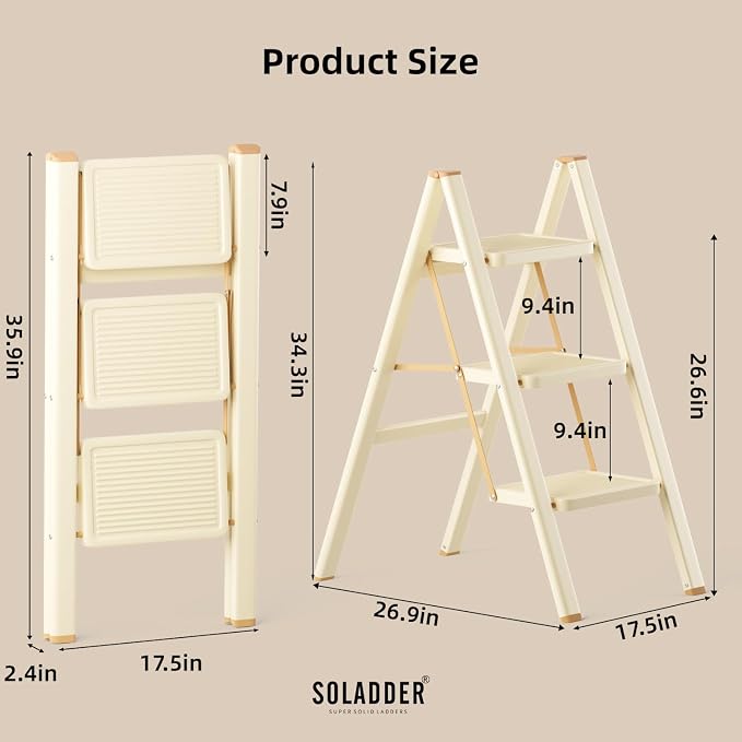 SOLADDER 3 Step Ladder, Anti-Slip and Lightweight Foldable Step Stool for Adults to Use in Kitchen, Closet and Library, 300lbs(Cream Chocalate)