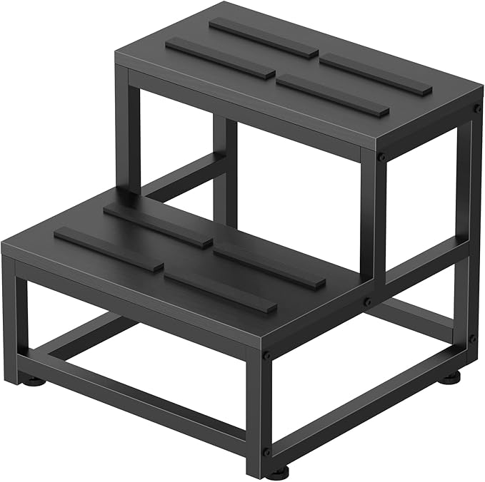 LIANTRAL 2 Step Stool for Adults Kids, Heavy Duty Sturdy Steel Frame with Wooden Steps, Bedside Foot Stool with 500lbs Load Capacity, Non-Slip Step Stool for High Bed, Kitchen, RV Step - Black