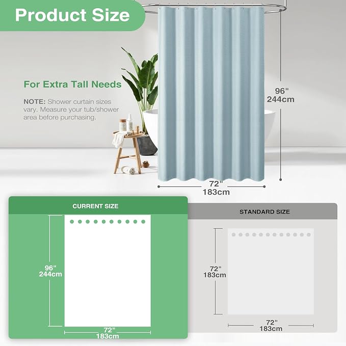 Dynamene Extra Long Shower Curtain - 96 Inch Long Waffle Weave Weighted Thick Cloth Bathroom Shower Curtain, Neutral Heavy Duty Hotel Bath Curtain Set with 12 Plastic Hooks,72x96, Fog Blue