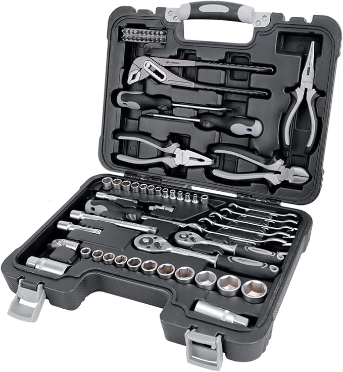 Amazon Basics 65-Piece General Household Home Repair and Mechanic's Hand Tool Kit Set with Storage Case, Portable, Non-Slip Handles, Black