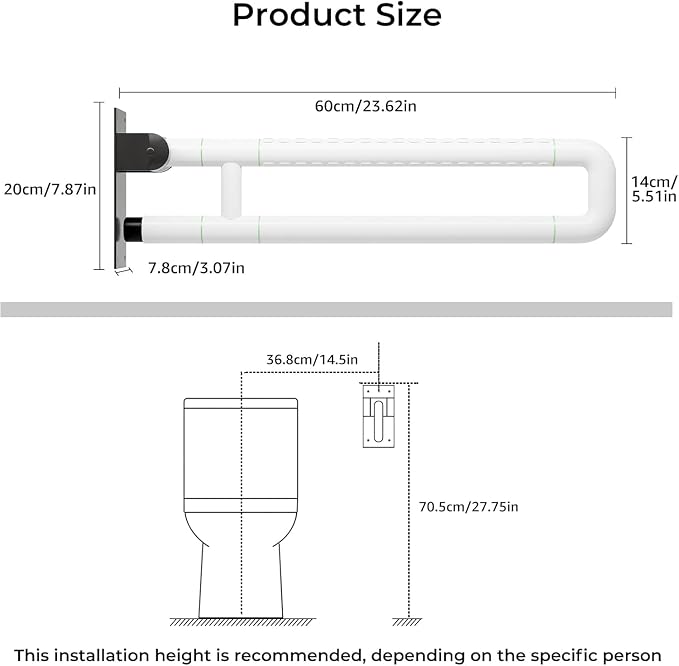 Flip Up Grab Bar for Toilet: Upgraded 23.6 Inch Handicap Grab Bars for Bathroom - Wall-Mount, Non-Slip Toilet Handles with Glows at Night, Suitable for Elderly Pregnant Women and Disabled