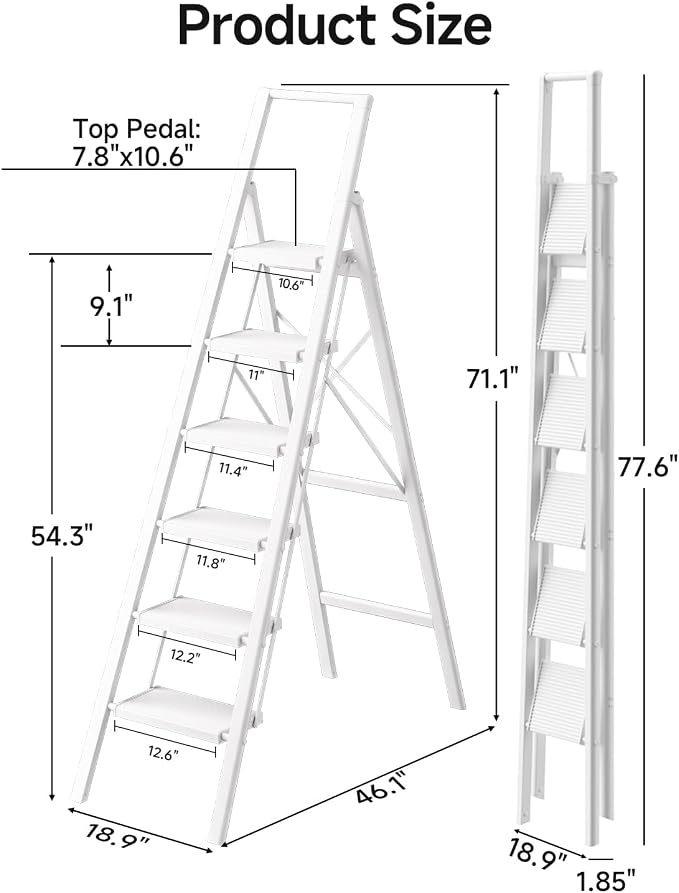 SOLADDER 6 Step Ladder with Handrails, Anti-Slip and Foldable Step Stool with Widen Pedals, Portable Stepladders for Home, Kitchen and Indoor, Space Saving -300lbs (White)