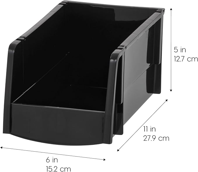 IRIS USA Medium Stackable Storage Bins, 8-Pack, 11" L x 6" W x 5" H, |Made in USA|, Plastic Open Front Shelf Bin for Organizing Parts, Hardware, Tools, Supplies, Garage Shelf, Pantry - Black