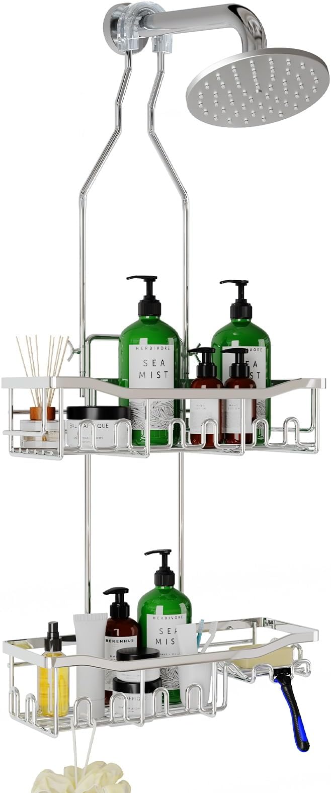 Shower Caddy Hanging for Bathroom: Adjustable Height No Blocking to Shower Head - Rustproof Shower Caddy Over Showerhead - Shower Organizer with Hooks Soap Holder, Silver