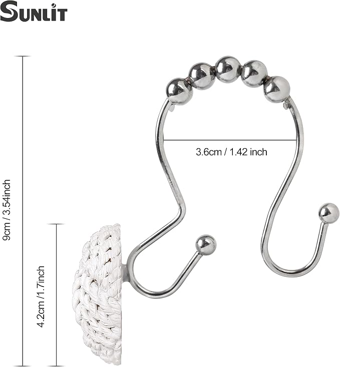 Sunlit Boho Knots Double Shower Curtain Hooks, Home Decorative White Shower Curtain Rings for Bathroom, Seaside Nautical Shower Curtain Hangers Bathroom Accessories, Set of 12