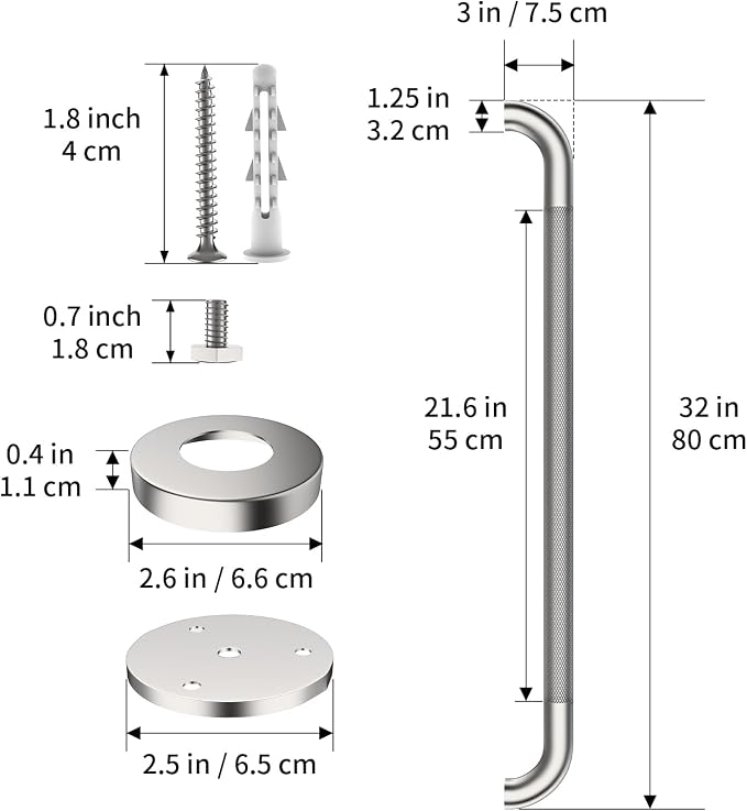32 Inch Anti Slip Shower Grab Bar, ZUEXT Brushed Nickel Stainless Steel Bathroom Grab Bar, Knurled Bathroom Balance Bar, Safety Hand Rail Support, Handicap Elderly Injury Senior Assist Bath Handle