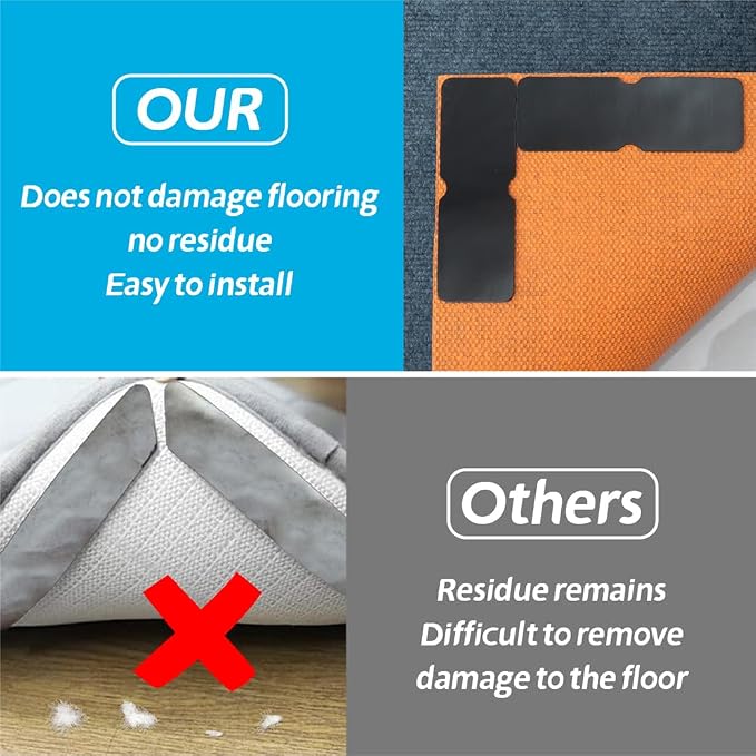 Rug Gripper for Hardwood Floors: 12 PCS No Damage Rug Tape - Anti Slip Rug Grips for Area Rugs – Secure Carpet Tape for Wood Floors, Safe & Strong Hold