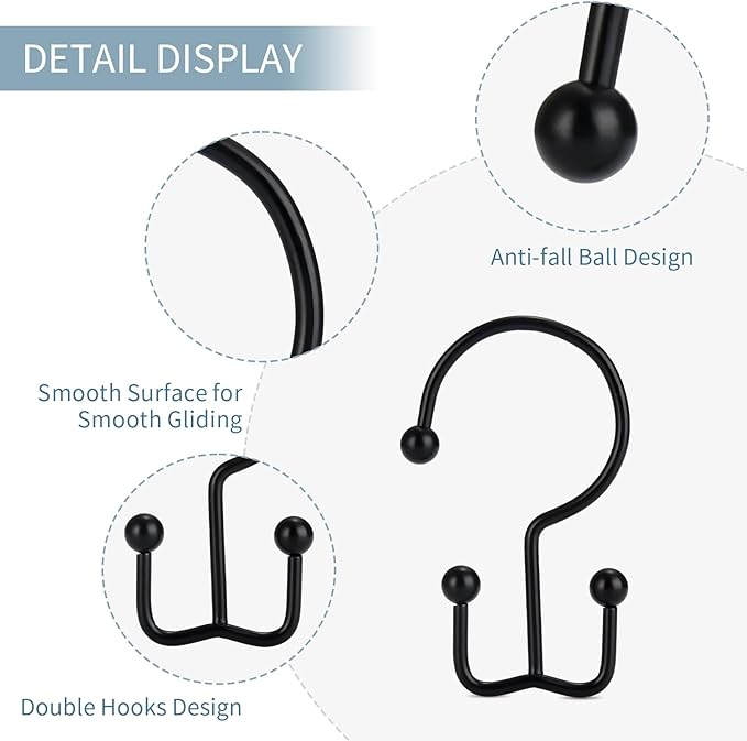24 Pcs Shower Curtain Hooks, Goowin Shower Curtain Rings, Durable Black Shower Curtain Hooks Rust Proof, Shower Rings for Curtain, Double Glide Shower Hooks for Shower Curtain Rods, Black