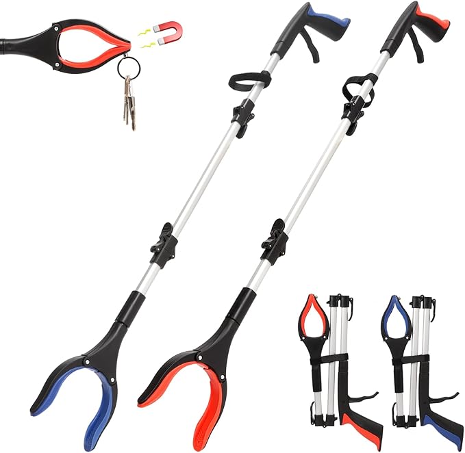 2 Pack Grabber Reacher Tool, 36" Extra Long Heavy Duty Folding Pickup Tool with Magnets & Rotating Jaw - Pickup Tool for Seniors, Mobility Aid, Trash Picker (Orange & Blue)