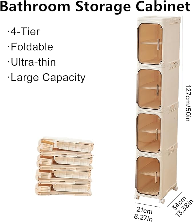 UFORU 4-Tier Tall Narrow Storage Cabinet- Plastic Slim Bathroom Storage Organizer with Magnetic Doors,Adjustable Shelves&Movable Wheels, Foldable Skinny Cabinet for Small Spaces,Kitchen