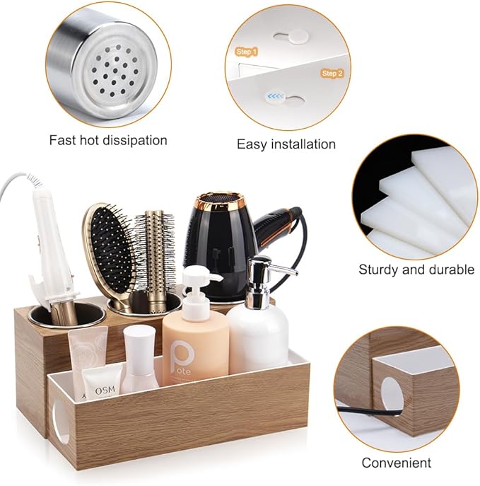 GFWARE Hair Tool Organizer - Bathroom Vanity Organizers and Storage, Hair Styling Accessories Hot Tools Organizer Hair Dryer, Blow Dryer, Curling Iron, Flat Iron, Hair Straightener, Wood