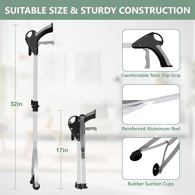 32" Suction Cup Grabber Tool (2 Pack), Foldable Grabber Reacher Tool for Seniors/Smooth Surfaces Items, Heavy Duty Trash Picker Upper with Ergonomic Quick Trigger Handle for Indoor & Outdoor Use