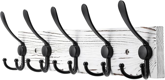 Kuhome Coat Rack Wall Mount Wooden Hat Rack for Wall Hooks Pine Real Wood Plank 16.9" White Coat Hanger with 5 Black Triple Hooks for Hanging Coat Hat Jacket