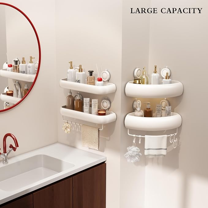 CICUFY Shower Caddy Suction Cup, 1 Pack No Drilling Corner Shower Shelves, Rust Proof Bathroom Storage Organizer, Shower Corner Caddy with Removable Hooks and Towel Bar, Triangle, Cream