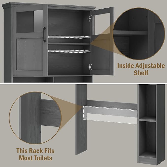 Over The Toilet Storage Cabinet With Double Doors & Paper Holder Stand, Freestanding Shelf Space Saver, Anti-Tip Design & Adjustable Shelf, Natural Grey
