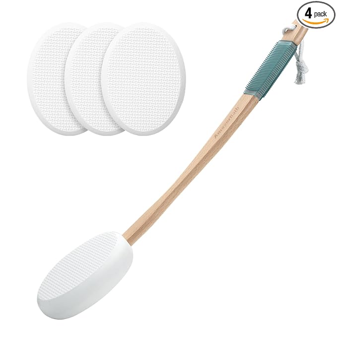 AmazerBath Lotion Applicator for Back, Feet, 4 Replacement Pads with 17" Curved Handle, Back Sunscreen Applicator for Kids, Elderly, Women, Apply Skin Cream Medicine Moisturizer Tanner, White