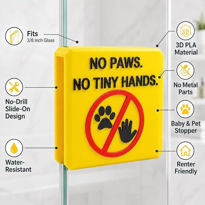 Frameless Glass Shower Door Lock Sleeve - Baby Proofing & Pet Stopper for Bathroom Sliding Doors - No-Drill Security Bumper,Funny Sign – (Yellow, 3/8 inch)