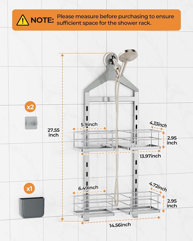 ODesign 2 Tier Height-Adjustable Shower Caddy Hanging Anti-Swing-Over The Shower Head Caddy-Storage Organizer Bathroom Shelves Basket-Silver