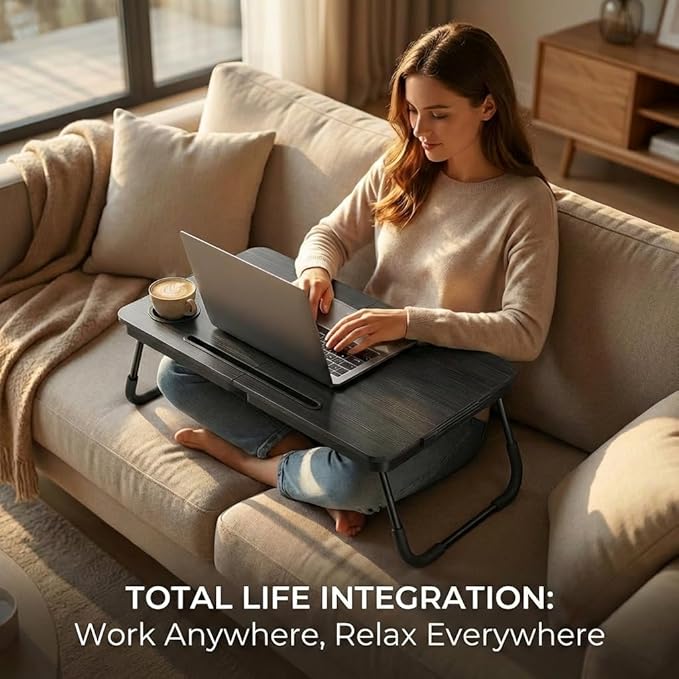 BUYIFY Foldable Laptop Bed Desk for Couch, Sofa - Large Lap Desk Tray Table with Cup Holder and Tablet Slot - Portable Notebook Stand for Eating, Writing, Studying and WFH (Black)-USA Original Patent
