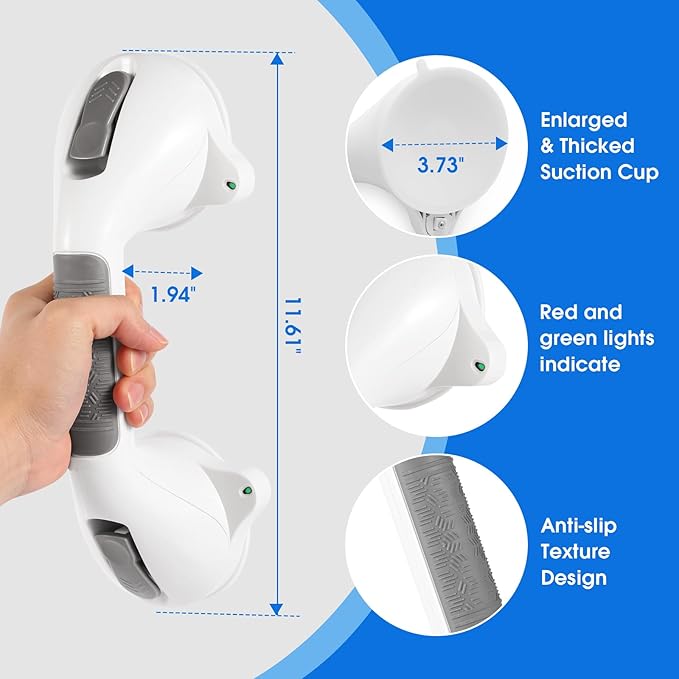 Suction Grab Bar with Safety Indicator for Bathtub Shower Bathroom, Heavy Duty Handrail Removable Reusable for Elderly Disabled and Kids, Anti-Slip Grip, No Drilling Tool Free, Waterproof Grey
