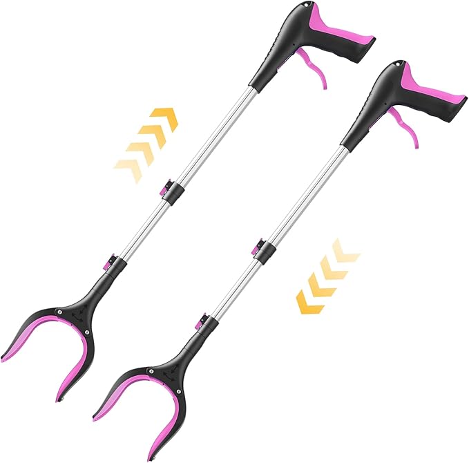 Telescopic Grabber Reacher Tool, 5-Level Adjustable Length (23'' to 41'') - Trash Claw Gripper, Pickup Stick for Litter Picking, Yard Work, and Seniors (Pink-2PC)