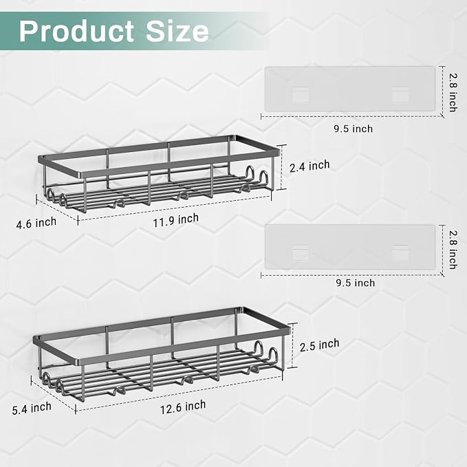 Shower Shelves for Inside Shower, 2 Pack Adhesive Bathroom Caddy Organizer Basket Rack for Storage and Organization, Wall Suction Bath Bathtub Shampoo Holder Set for RV Camper, Black