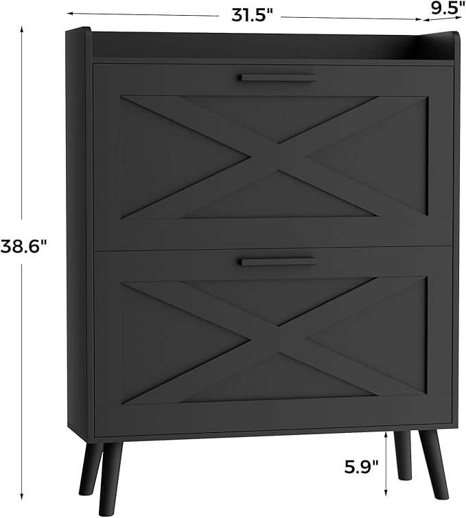 Homleke 32" W Farmhouse Shoe Storage Cabinet with 2 Flip Drawers and Barn Door Design, Adjustable Shelves, Modern Hidden Slim Narrow Shoe Rack Cabinet for Entryway, Foyer, Hallway, Living Room, Black