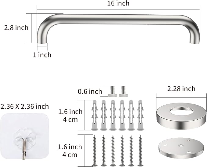 16 Inch Shower Grab Bar Satin Brushed Nickel, ZUEXT Stainless Steel Safety Grab Bar Handle, Bathroom Balance Bar, Safety Hand Rail Support - Handicap, Elderly, Injury, Senior Assist Bath Handle