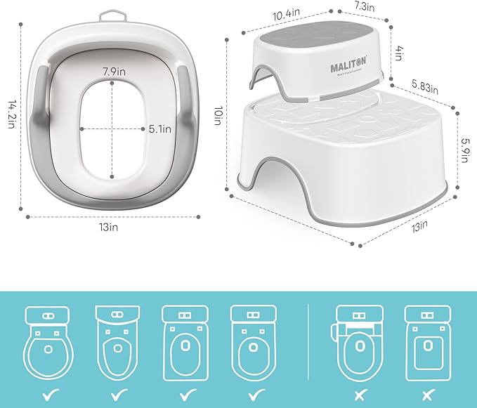 Maliton Baby Potty Training Seat with Step Stool, Potty Training Toilet for Boys Girls, Anti-Slip Toddler Stool for Bathroom, Kitchen, Toddler Toilet Seat Set(One Potty Seat+Two Step Stool for Kids)