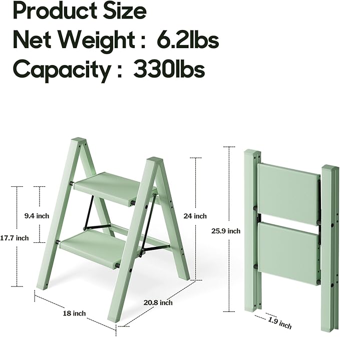 HillhutApex 2 Step Ladder, Lightweight Portable 2 Step Stool with Anti-Slip Wide Pedal, 330lbs Capacity Aluminum Ladder for Household,Office,Library(Pale Green)